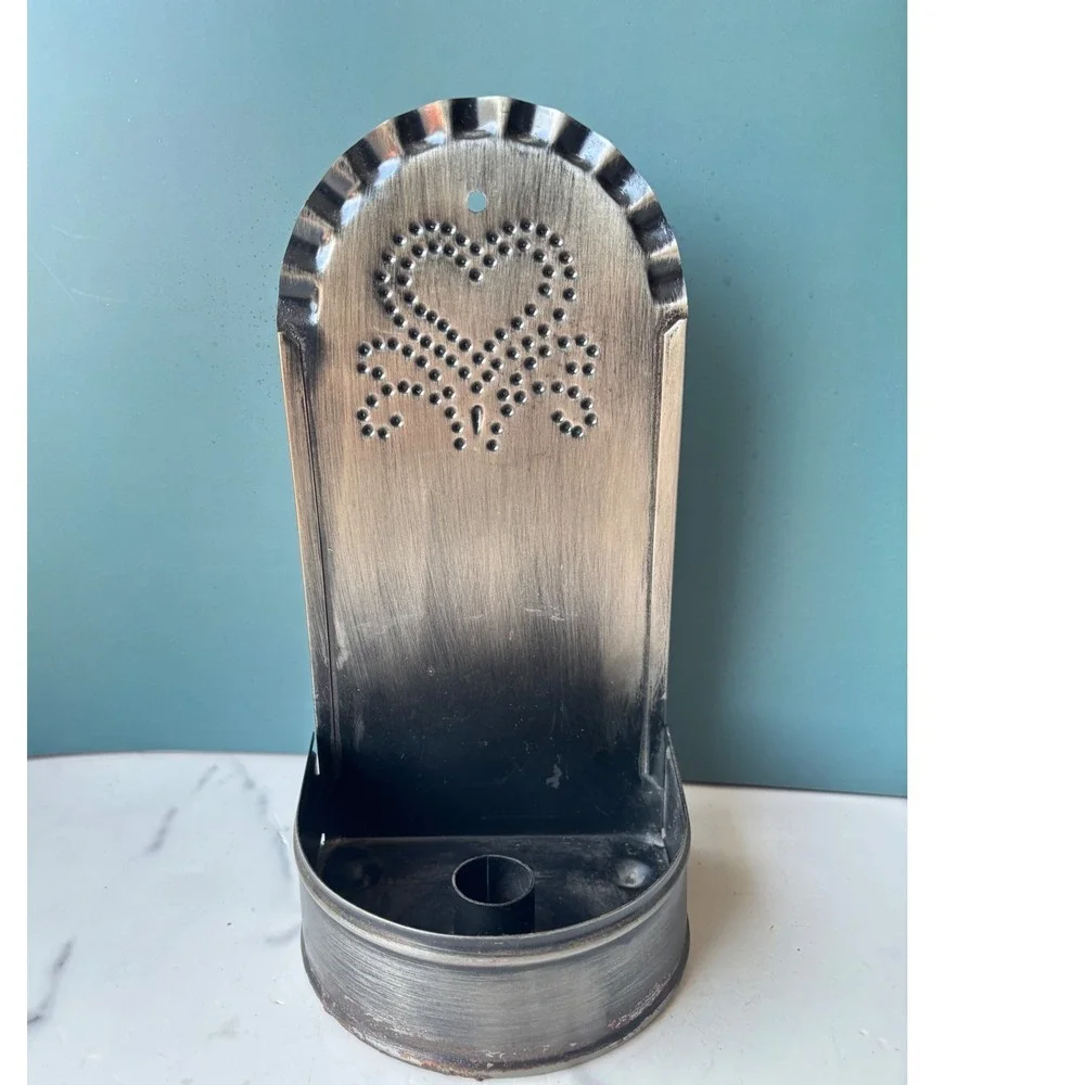 Vintage Punched Tin Wall Sconce Heart Taper Candle Holder Primitive Farmhouse